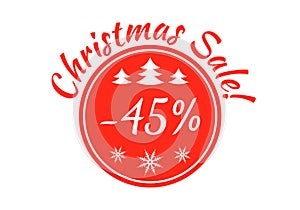 Christmas sale badge, tag or sticker. Xmas discount label. 45 percent price off. Promo banner and advertising design element.